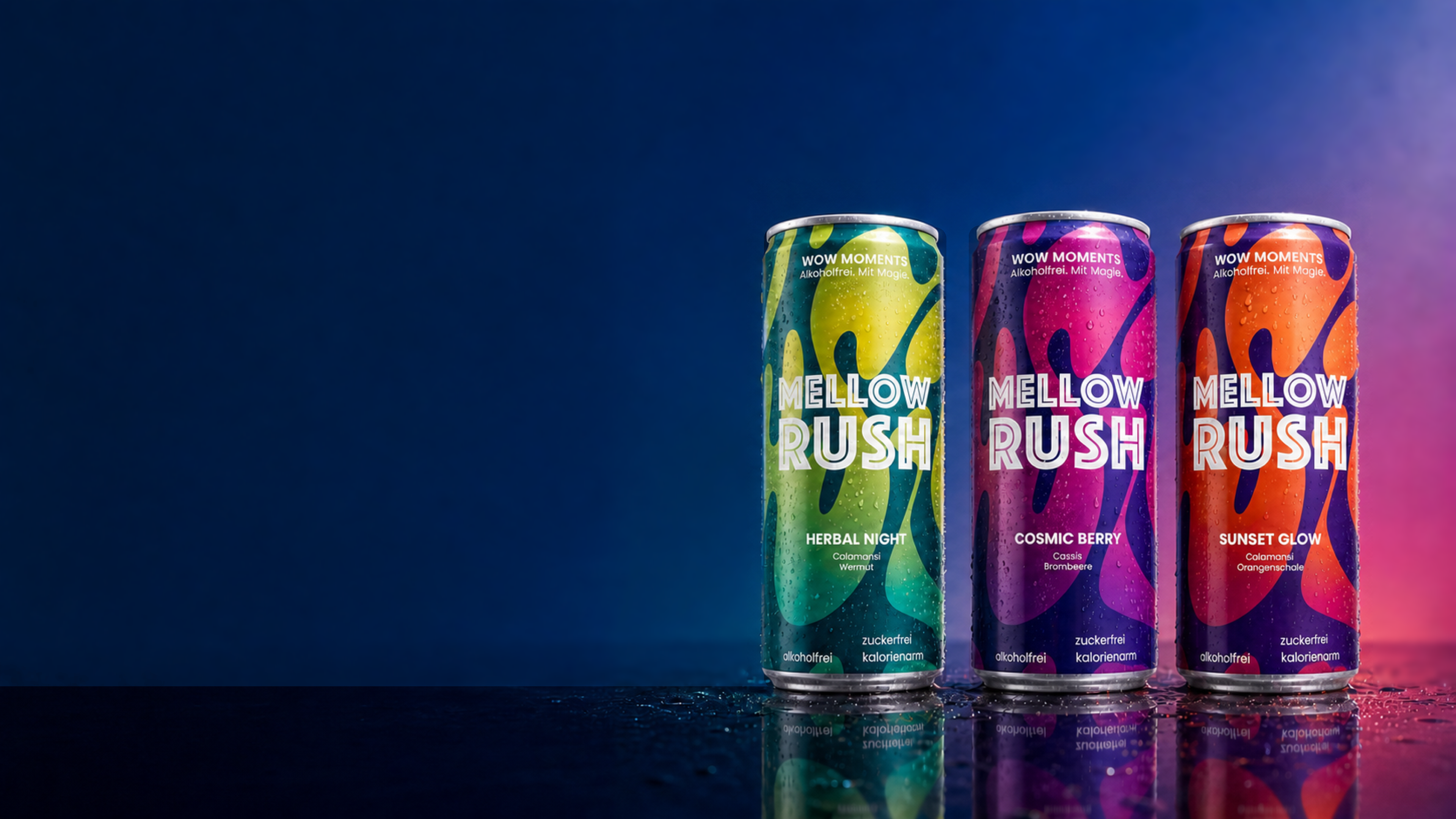 Mellow Rush Herbal Night, Cosmic Berry and Sunset Glow cans