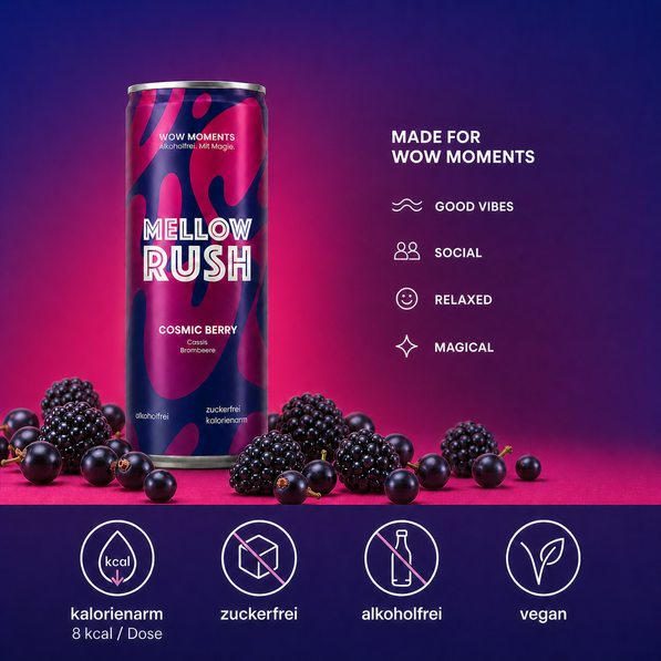 Mellow Rush Cosmic Berry benefits and WOW moments infographic