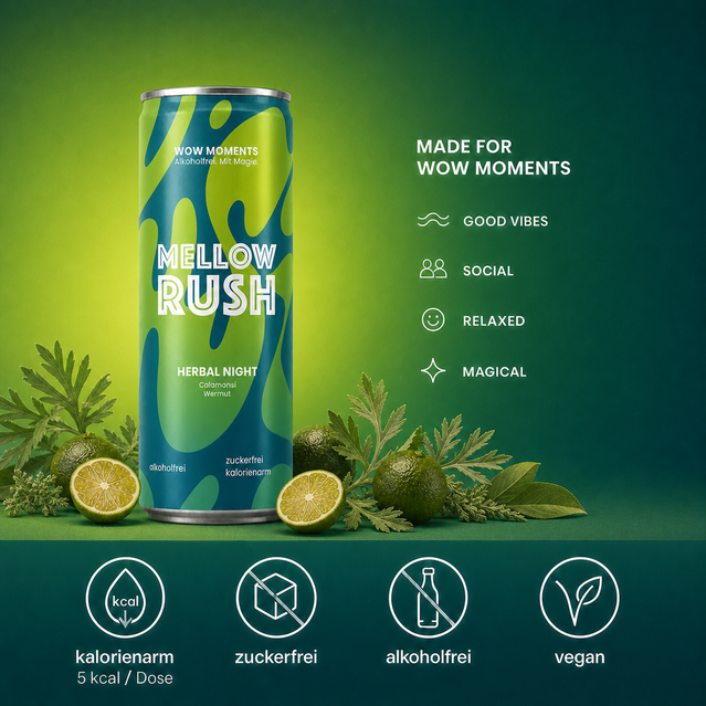 Mellow Rush Herbal Night benefits and WOW moments infographic, 5 kcal per can