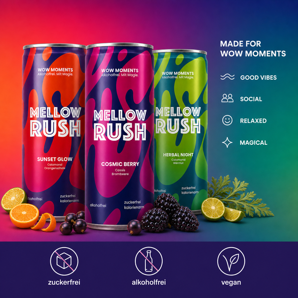 Mellow Rush Magic Mix WOW moments infographic with Sunset Glow, Cosmic Berry, and Herbal Night
