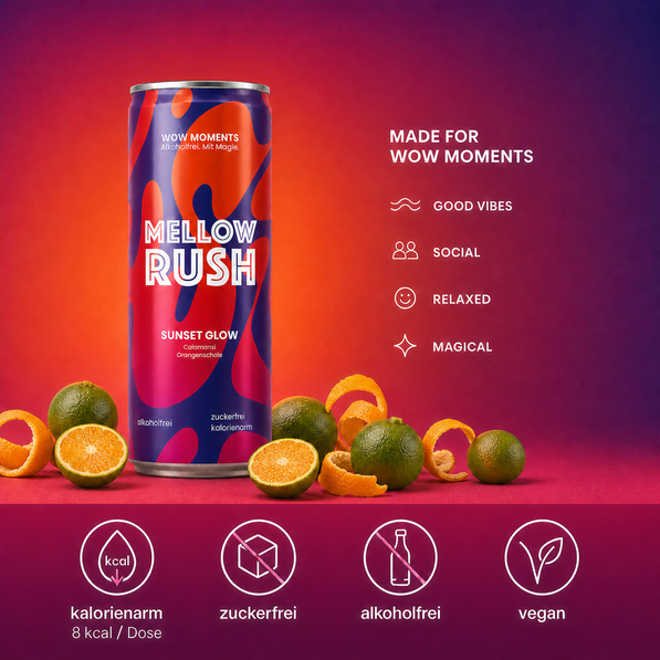 Mellow Rush Sunset Glow benefits and WOW moments infographic