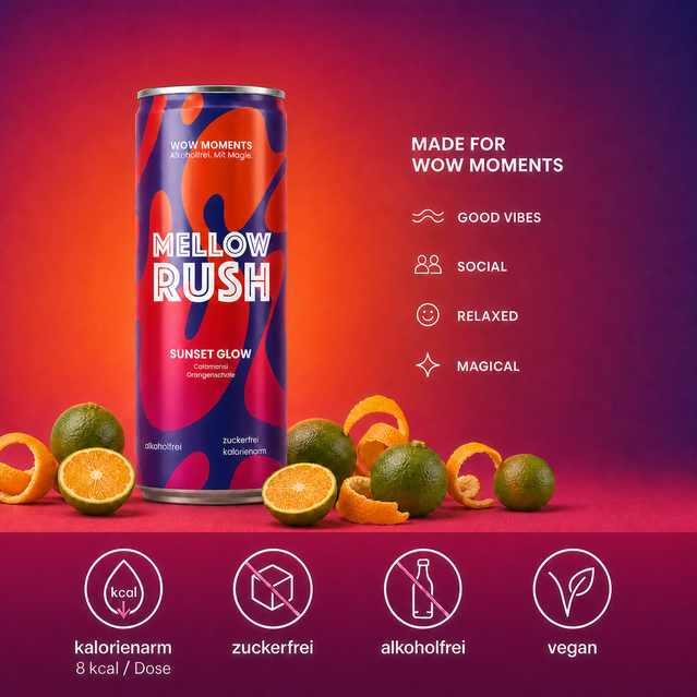 Mellow Rush Sunset Glow benefits and WOW moments infographic